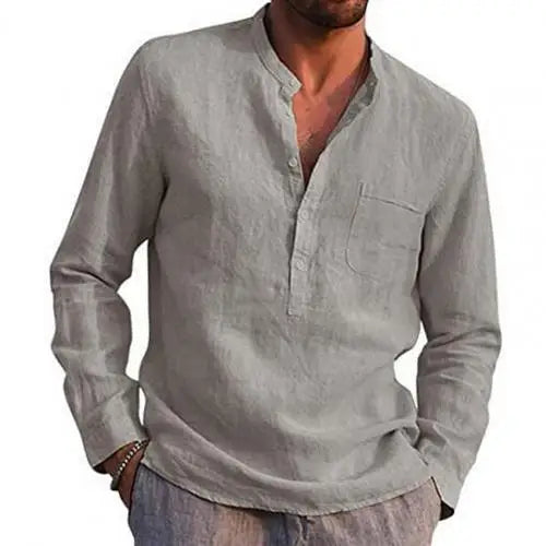 2021 Men Casual Shirts Solid Color V Neck Long Sleeve Shirt Simple Button Pocket Top Cotton Linen Skin-friendly Daily Wear Shirt