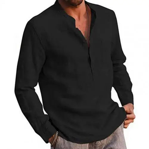 2021 Men Casual Shirts Solid Color V Neck Long Sleeve Shirt Simple Button Pocket Top Cotton Linen Skin-friendly Daily Wear Shirt