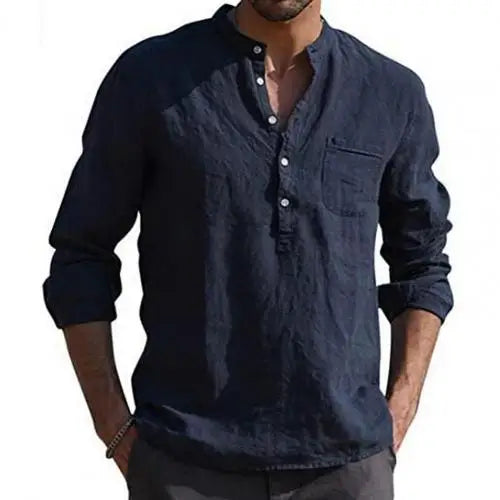 2021 Men Casual Shirts Solid Color V Neck Long Sleeve Shirt Simple Button Pocket Top Cotton Linen Skin-friendly Daily Wear Shirt