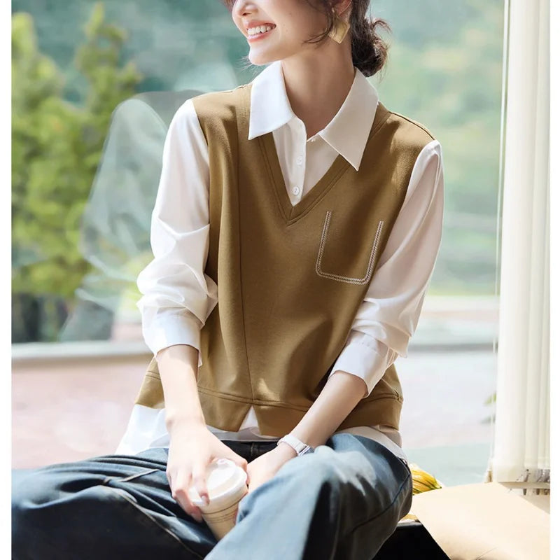 Fake Two-piece Vest Shirt for Women's Pullover Polo Collar Contrasting Color Splicing Layered Long-sleeved Top