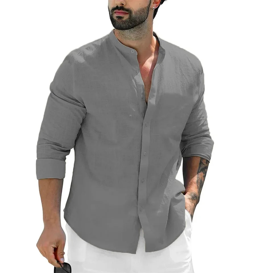 Men's Casual Solid Color Beach Shirts Full Sleeve Shirt Single Breasted Versatile Blouse Slim Male Stand Collar Cotton Linen Top