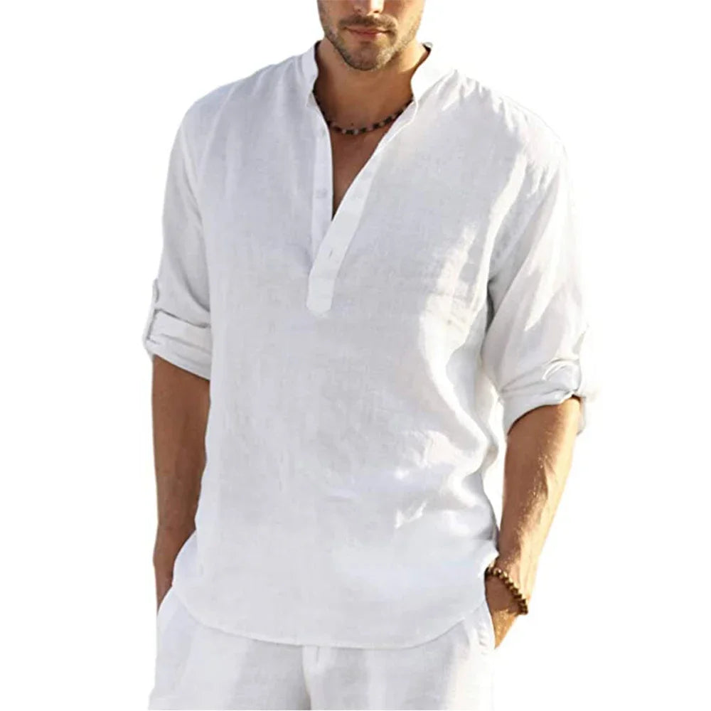 Cotton Linen Hot Sale Men Long-Sleeved Shirts Summer Solid Color Stand-Up Collar Casual Beach Style Plus Size