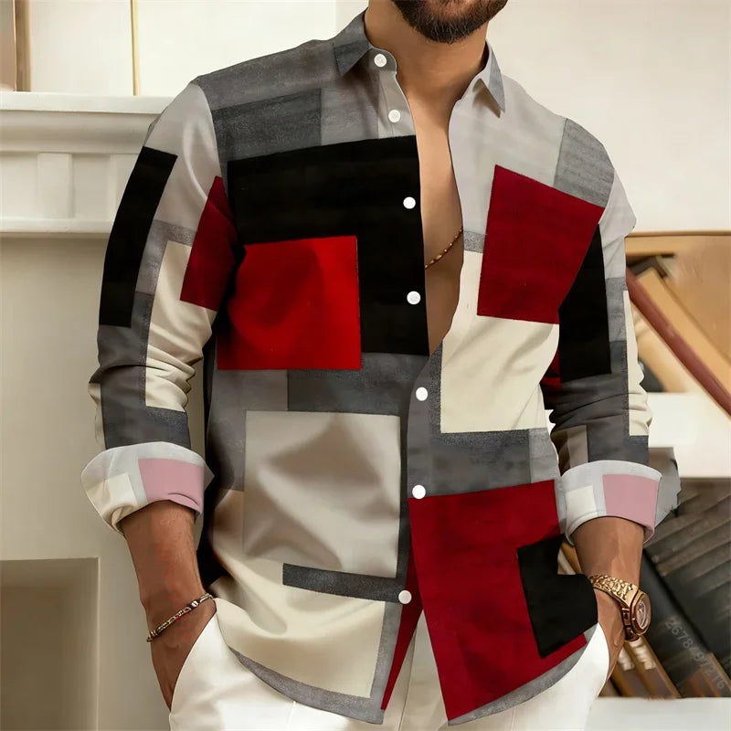 Men's Stylish Casual Slim-Fit Shirt Geometric  3D Printed Color-Blocked Long-Sleeved Shirt Stylish Men's Top