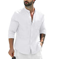 Men's Casual Solid Color Beach Shirts Full Sleeve Shirt Single Breasted Versatile Blouse Slim Male Stand Collar Cotton Linen Top