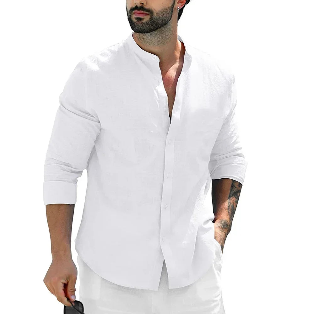 Men's Casual Solid Color Beach Shirts Full Sleeve Shirt Single Breasted Versatile Blouse Slim Male Stand Collar Cotton Linen Top