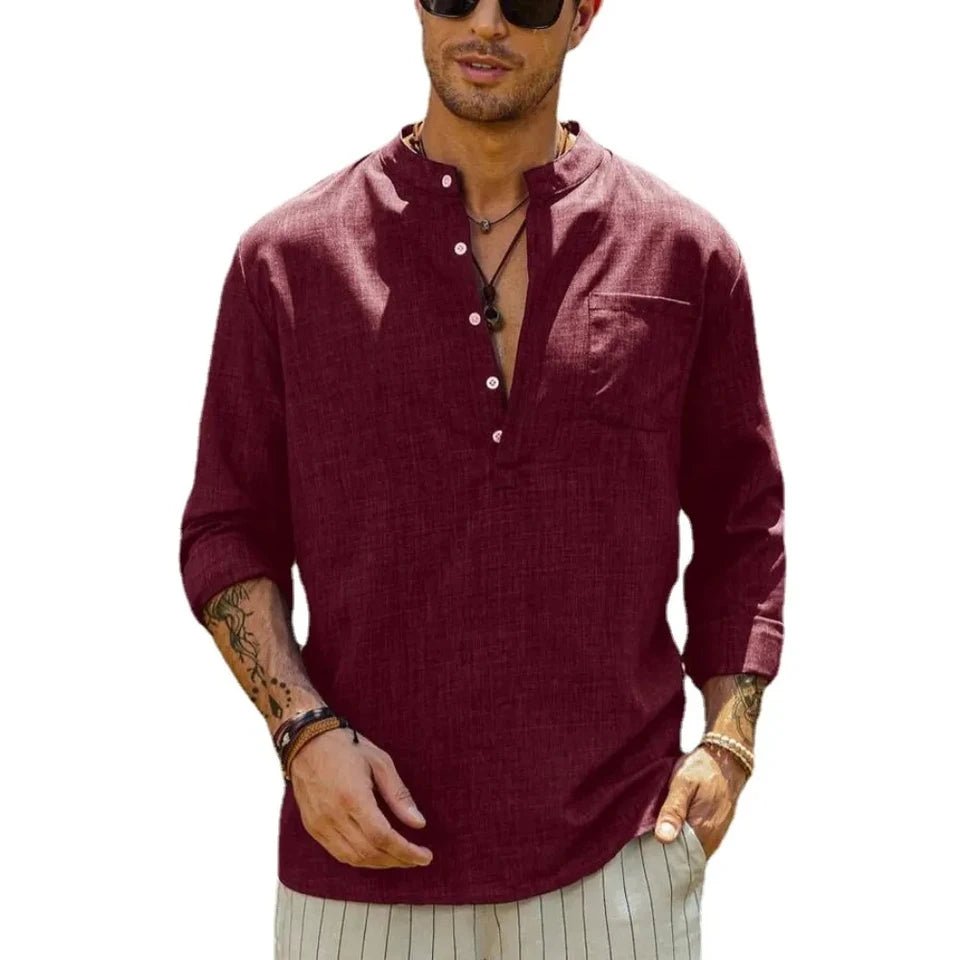 Cotton Line Hot Sale Men's Long-Sleeved Shirts Summer Solid Color  Stand-Up Collar Casual Beach Style Plus Size