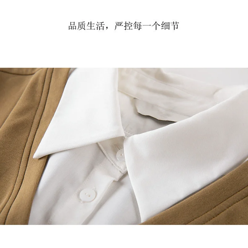 Fake Two-piece Vest Shirt for Women's Pullover Polo Collar Contrasting Color Splicing Layered Long-sleeved Top