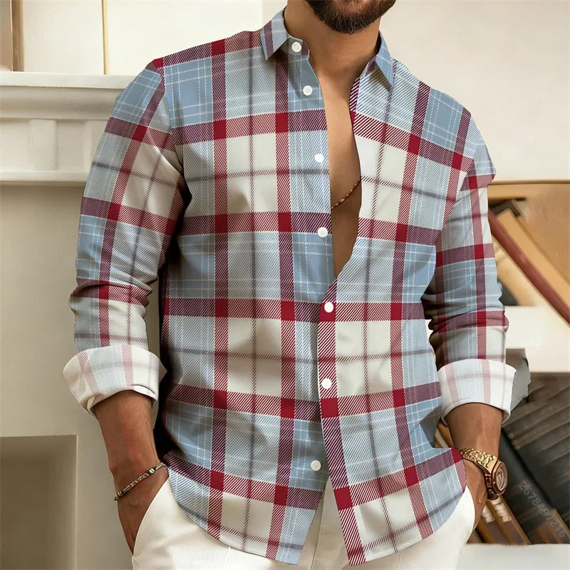 Men's Stylish Casual Slim-Fit Shirt Geometric  3D Printed Color-Blocked Long-Sleeved Shirt Stylish Men's Top