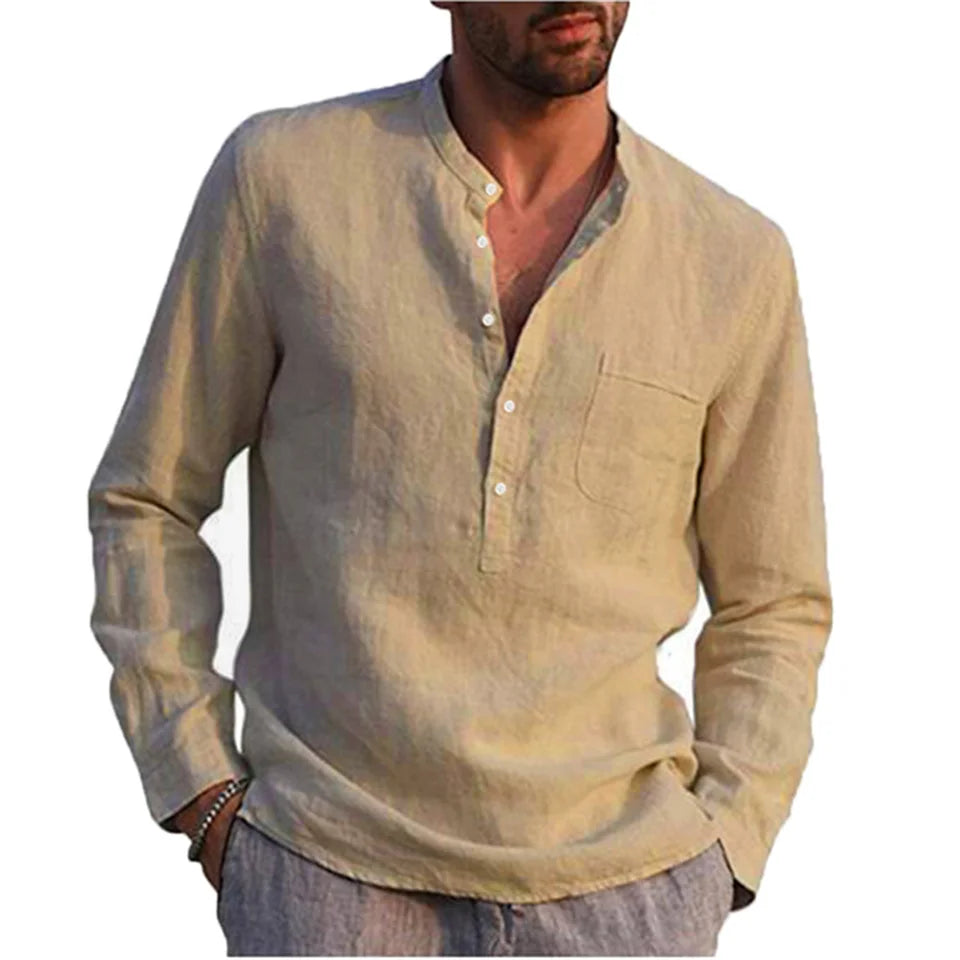 Cotton Line Hot Sale Men's Long-Sleeved Shirts Summer Solid Color  Stand-Up Collar Casual Beach Style Plus Size