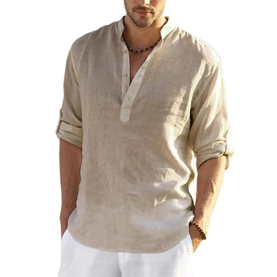 Cotton Linen Hot Sale Men Long-Sleeved Shirts Summer Solid Color Stand-Up Collar Casual Beach Style Plus Size