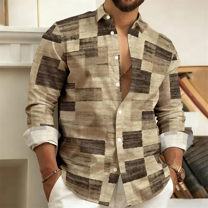 Men's Stylish Casual Slim-Fit Shirt Geometric  3D Printed Color-Blocked Long-Sleeved Shirt Stylish Men's Top