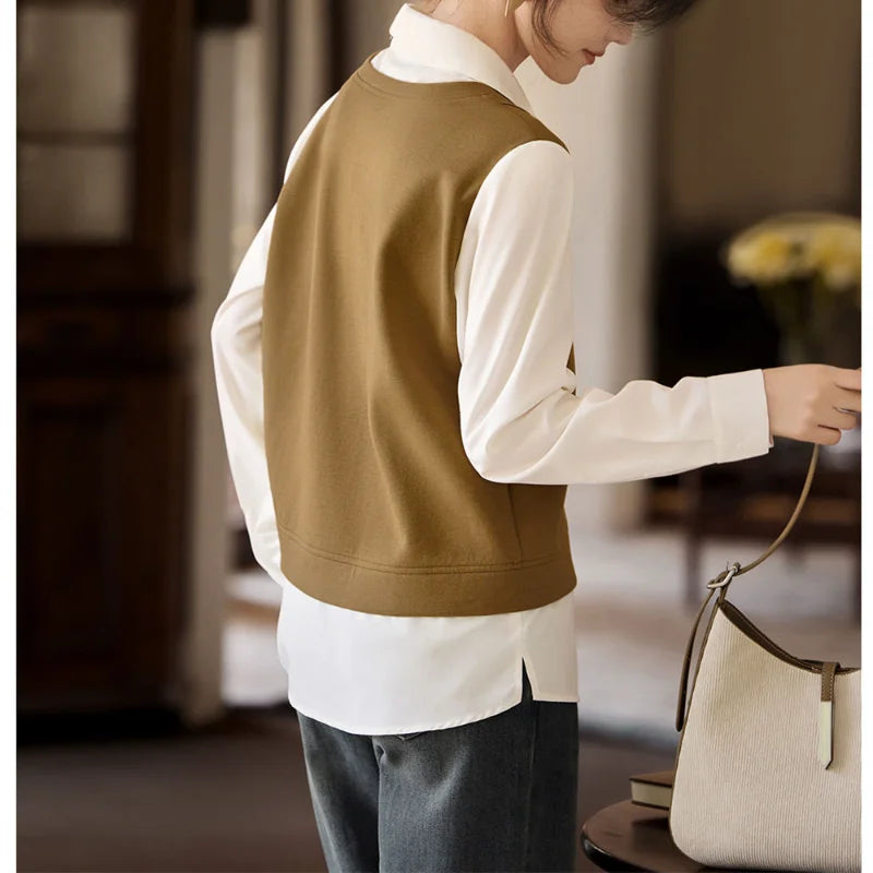 Fake Two-piece Vest Shirt for Women's Pullover Polo Collar Contrasting Color Splicing Layered Long-sleeved Top