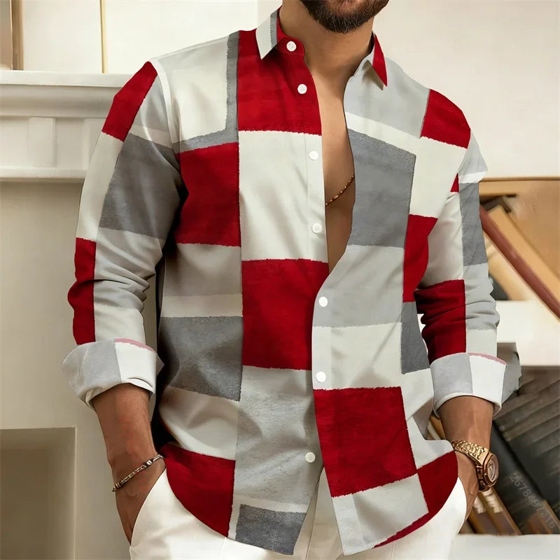 Men's Stylish Casual Slim-Fit Shirt Geometric  3D Printed Color-Blocked Long-Sleeved Shirt Stylish Men's Top