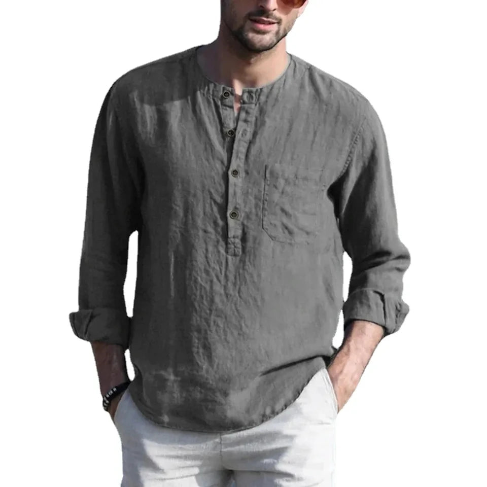 Cotton Line Hot Sale Men's Long-Sleeved Shirts Summer Solid Color  Stand-Up Collar Casual Beach Style Plus Size