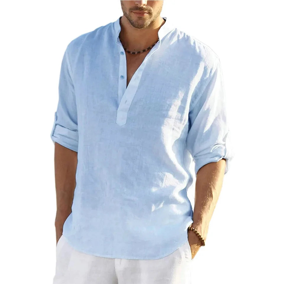 Cotton Linen Hot Sale Men Long-Sleeved Shirts Summer Solid Color Stand-Up Collar Casual Beach Style Plus Size