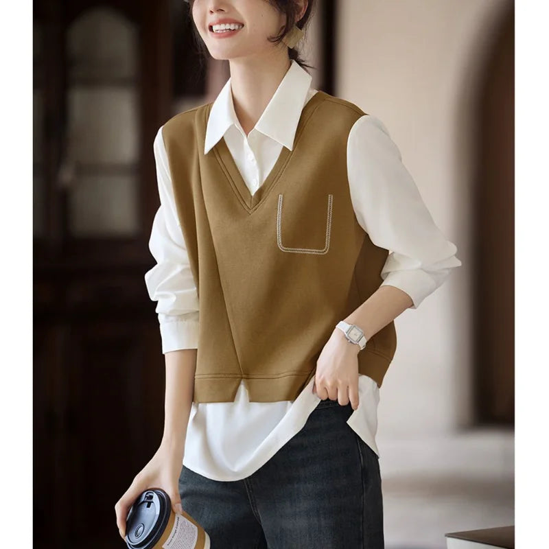 Fake Two-piece Vest Shirt for Women's Pullover Polo Collar Contrasting Color Splicing Layered Long-sleeved Top