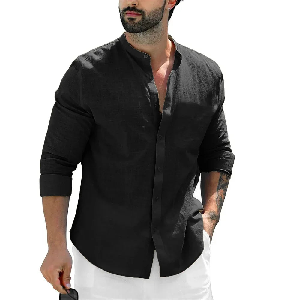 Men's Casual Solid Color Beach Shirts Full Sleeve Shirt Single Breasted Versatile Blouse Slim Male Stand Collar Cotton Linen Top