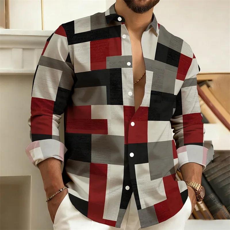 Men's Stylish Casual Slim-Fit Shirt Geometric  3D Printed Color-Blocked Long-Sleeved Shirt Stylish Men's Top