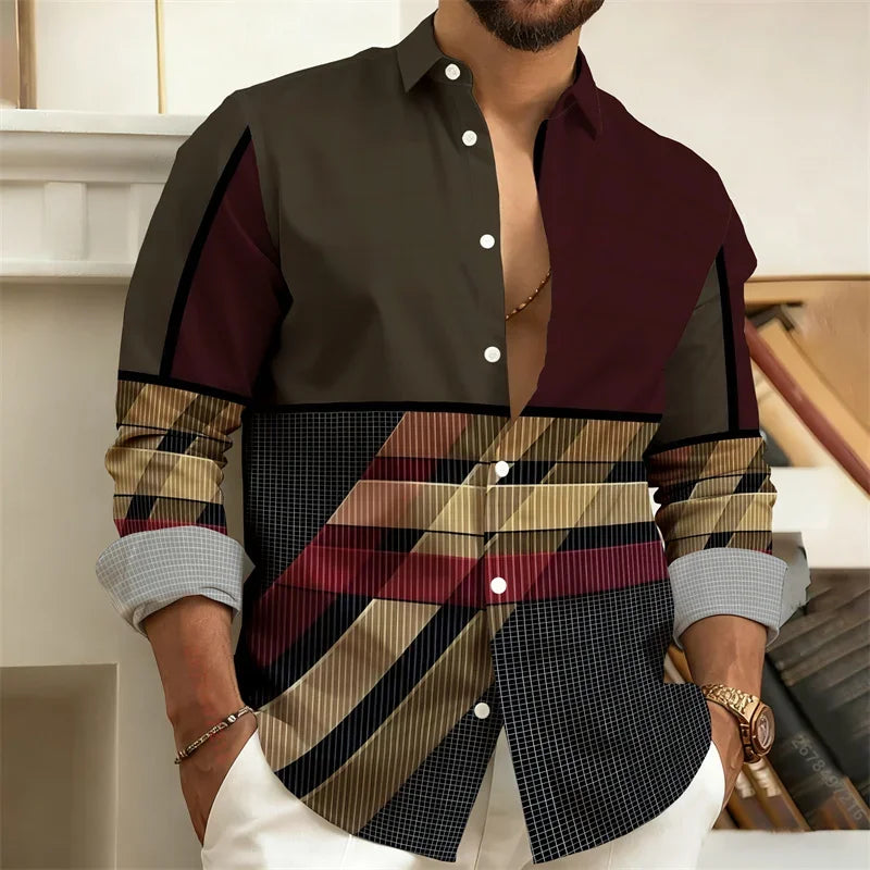 Men's Stylish Casual Slim-Fit Shirt Geometric  3D Printed Color-Blocked Long-Sleeved Shirt Stylish Men's Top