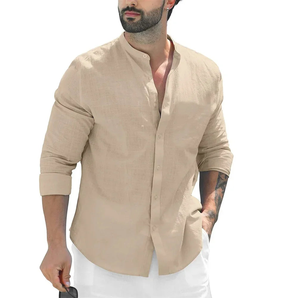 Men's Casual Solid Color Beach Shirts Full Sleeve Shirt Single Breasted Versatile Blouse Slim Male Stand Collar Cotton Linen Top