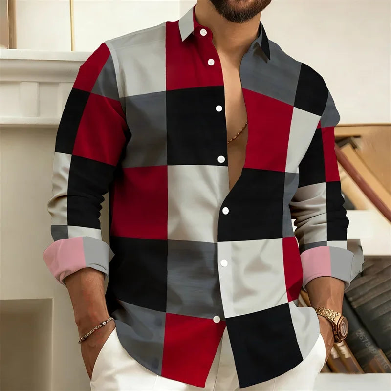 Men's Stylish Casual Slim-Fit Shirt Geometric  3D Printed Color-Blocked Long-Sleeved Shirt Stylish Men's Top