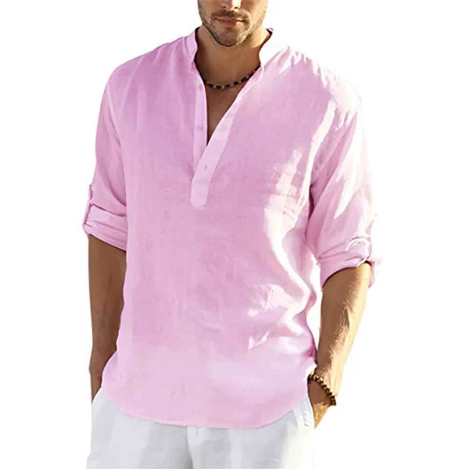 Cotton Linen Hot Sale Men Long-Sleeved Shirts Summer Solid Color Stand-Up Collar Casual Beach Style Plus Size