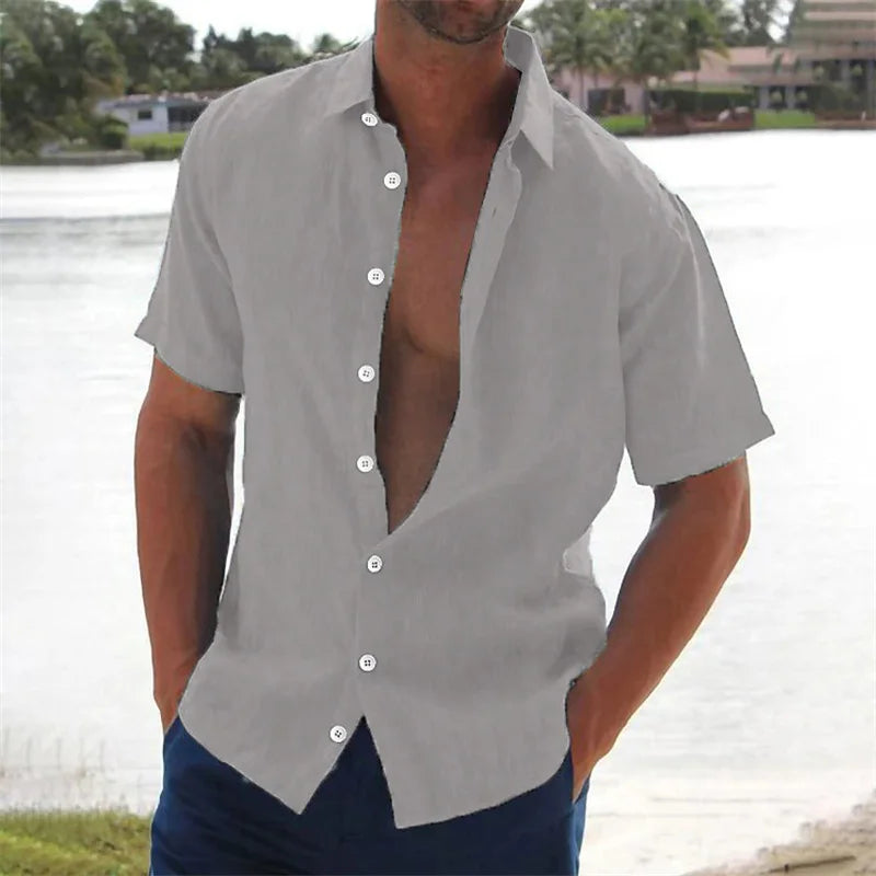 Men's casual short-sleeved shirt linen top casual street wear lapel button shirt men's retro vacation shirt XS-6XL fast delivery