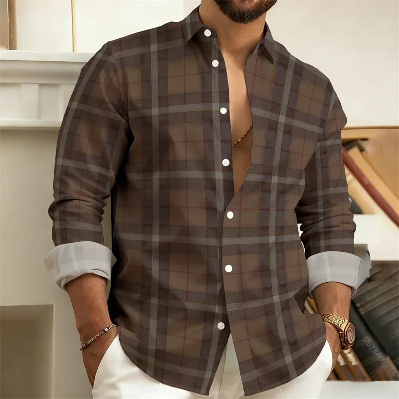 Men's Stylish Casual Slim-Fit Shirt Geometric  3D Printed Color-Blocked Long-Sleeved Shirt Stylish Men's Top