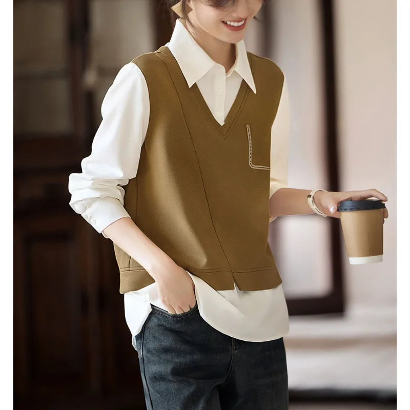 Fake Two-piece Vest Shirt for Women's Pullover Polo Collar Contrasting Color Splicing Layered Long-sleeved Top