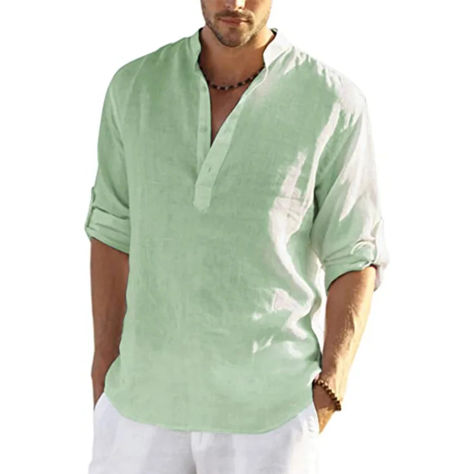 Cotton Linen Hot Sale Men Long-Sleeved Shirts Summer Solid Color Stand-Up Collar Casual Beach Style Plus Size