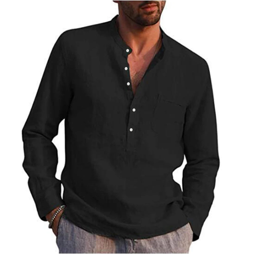 Cotton Line Hot Sale Men's Long-Sleeved Shirts Summer Solid Color  Stand-Up Collar Casual Beach Style Plus Size