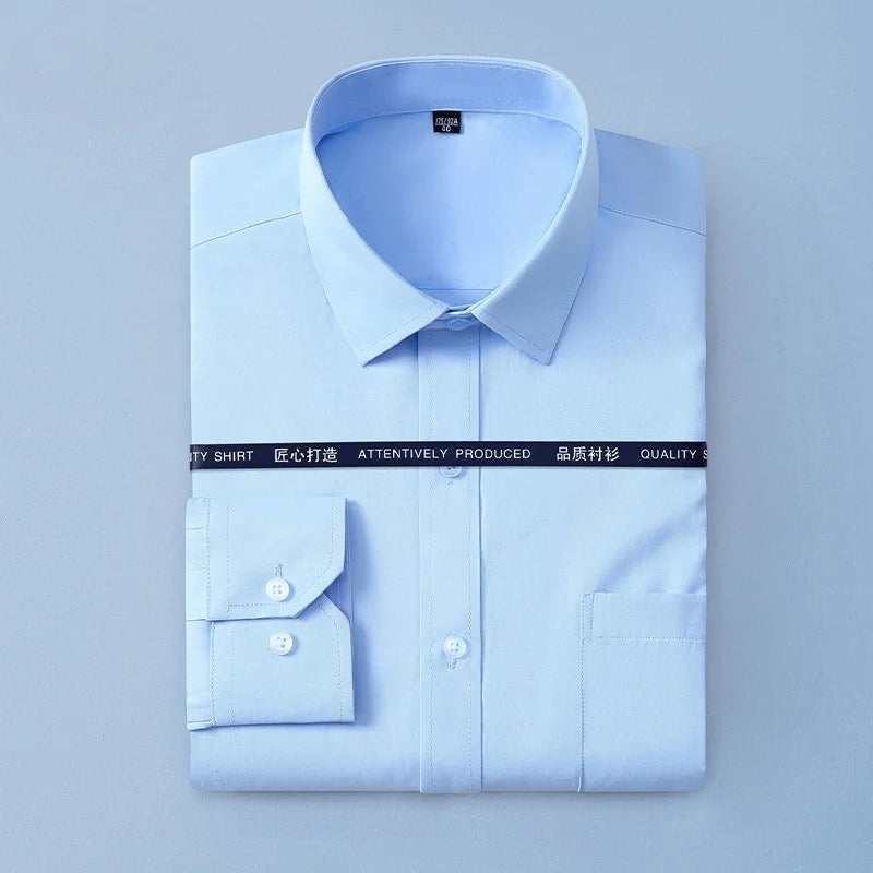 Men Formal Shirt Long Sleeve Office Solid Color Anti-Wrinkle Fashion Business Pocket White Blue Social Shirts Men Clothing 7XL