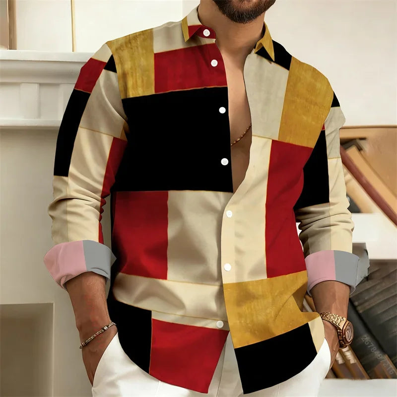 Men's Stylish Casual Slim-Fit Shirt Geometric  3D Printed Color-Blocked Long-Sleeved Shirt Stylish Men's Top