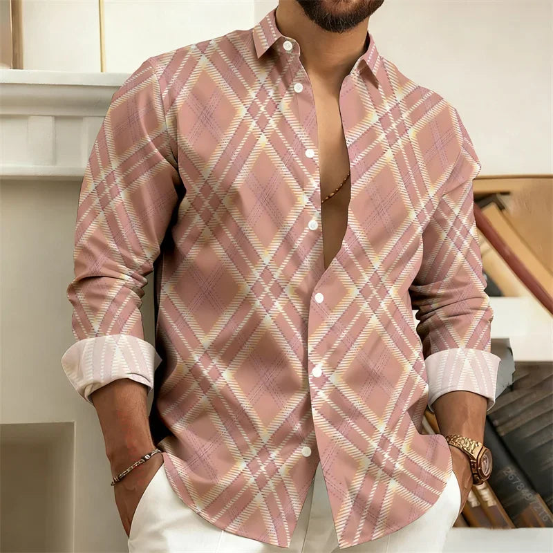 Men's Stylish Casual Slim-Fit Shirt Geometric  3D Printed Color-Blocked Long-Sleeved Shirt Stylish Men's Top