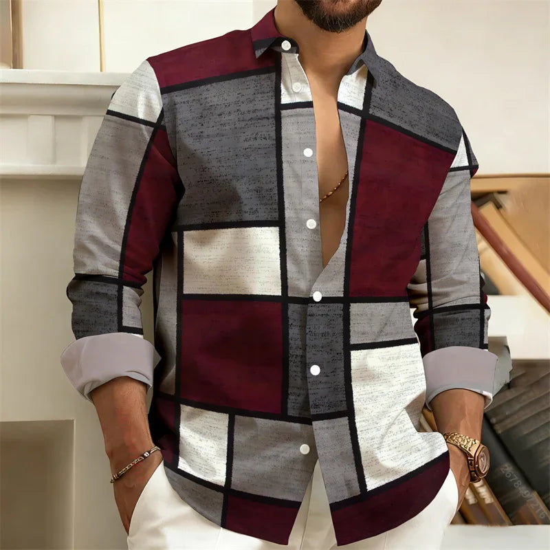 Men's Stylish Casual Slim-Fit Shirt Geometric  3D Printed Color-Blocked Long-Sleeved Shirt Stylish Men's Top